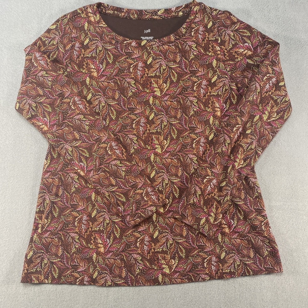 J. Jill Pima Crew-Neck Tee Women XS Petite Brown Leaf Print Long Sleeve Top